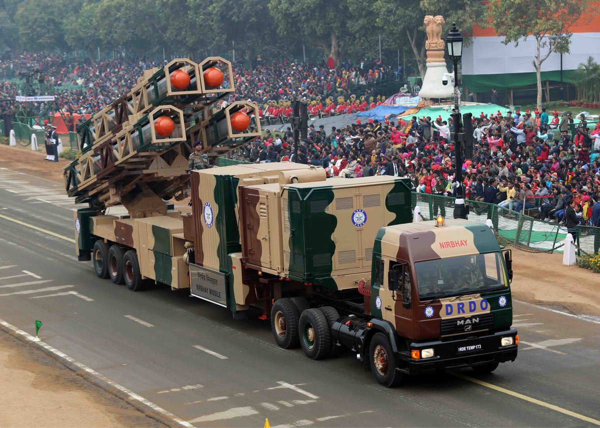 India's 1,000-km range Nirbhay cruise missile system makes its first public appearance at the RepublicDay parade this year. Here it is at the rehearsal today.   