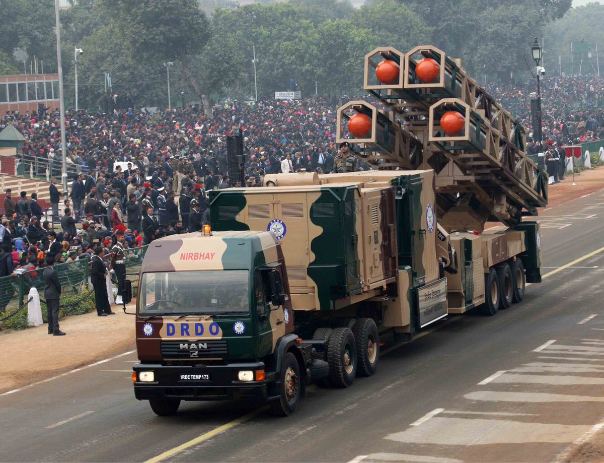 India's 1,000-km range Nirbhay cruise missile system makes its first public appearance at the RepublicDay parade this year. Here it is at the rehearsal today.   