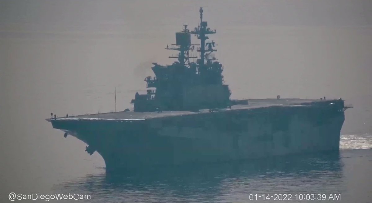 USS Tripoli (LHA 7) America-class amphibious assault ship coming into San Diego with some serious rolling on what appears to be a calm sea - January 14, 2022