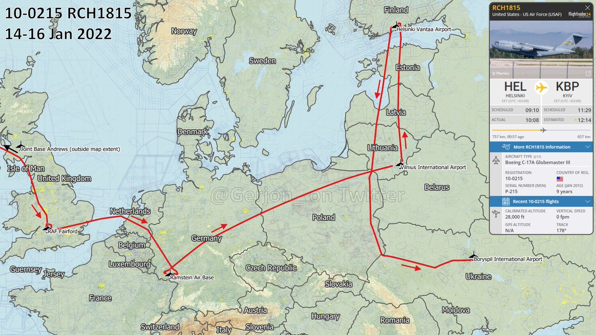 U.S. 10-0215, the C-17A Globemaster III that was tracked into Kyiv Boryspil Airport earlier today, did a couple earlier European stops using the same callsign RCH1815, 14-16 Jan 2022:  Joint Base Andrews - RAF Fairford - Ramstein Air Base - Lithuania Vilnius- Helsinki - Kyiv