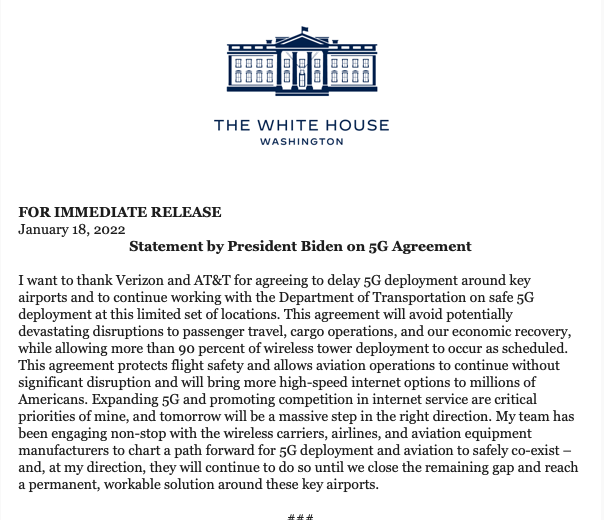 I want to thank Verizon and AT&T for agreeing to delay 5G deployment around key airports and to continue working with the Department of Transportation on safe 5G deployment at this limited set of locations, says @POTUS in a statement