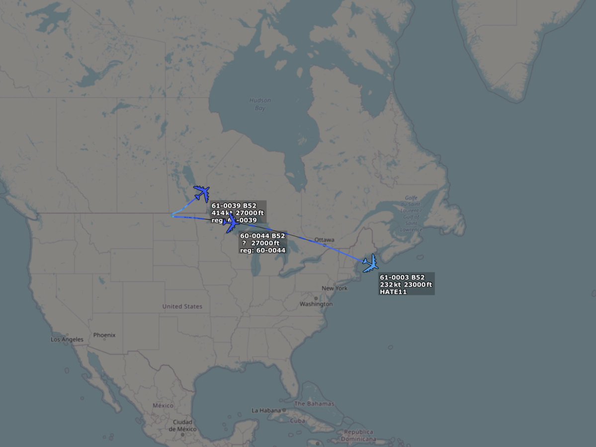 Four USAF B-52H Stratofortress bombers HATE11-14, departed Minot AFB, North Dakota en route to RAF Fairford, United Kingdom for a Bomber Task Force deployment