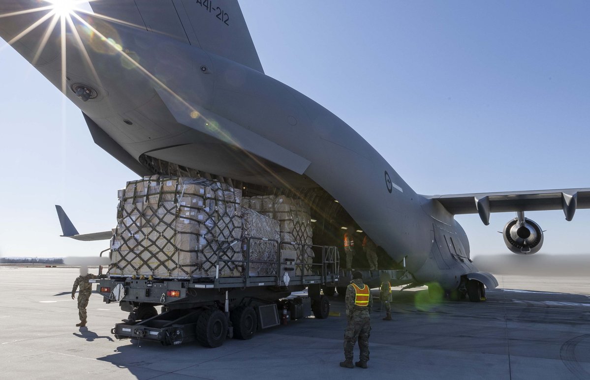 An AusAirforce C-17A Globemaster III aircraft has delivered another load of defensive military assistance supplies to a European airport for forward movement to the Ukrainian Government