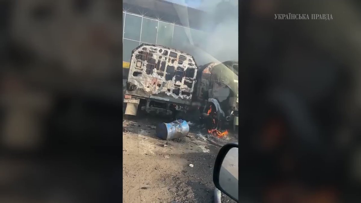 Footage has emerged of the aftermath of Ukraine indirect fire against Kherson Airport; approx. 14 supply trucks destroyed, 8 damaged