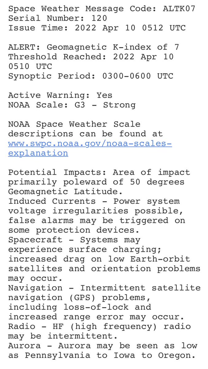 SpaceWeather alert: geomagnetic storm