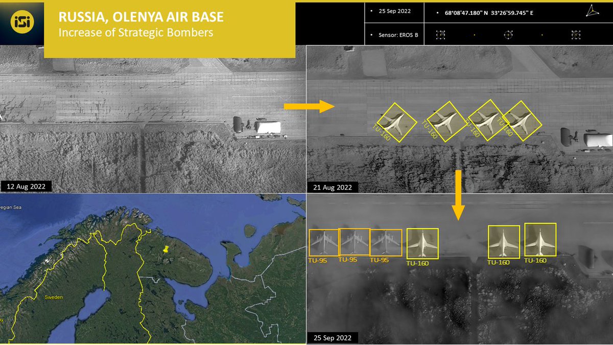 Israeli intelligence firm @ImageSatIntl  has detected an irregular presence of Russian TU-160 and TU-95 strategic bombers deployed to Olenya Airbase. The base, on the Kola Peninsula, houses a significant number of military hardware, including tactical and strategic nuclear weapons