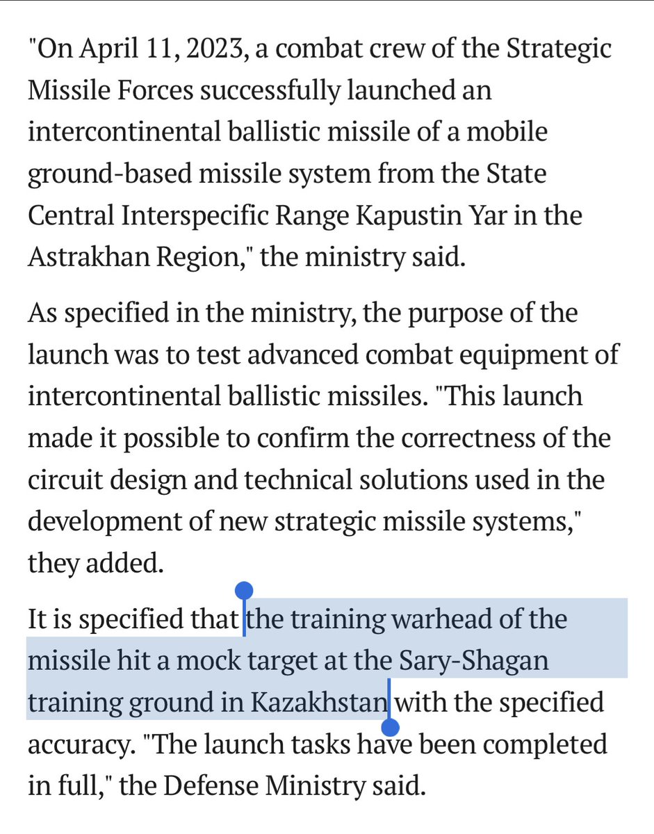Russia launched an ICBM into Kazakhstan, according to Russian media