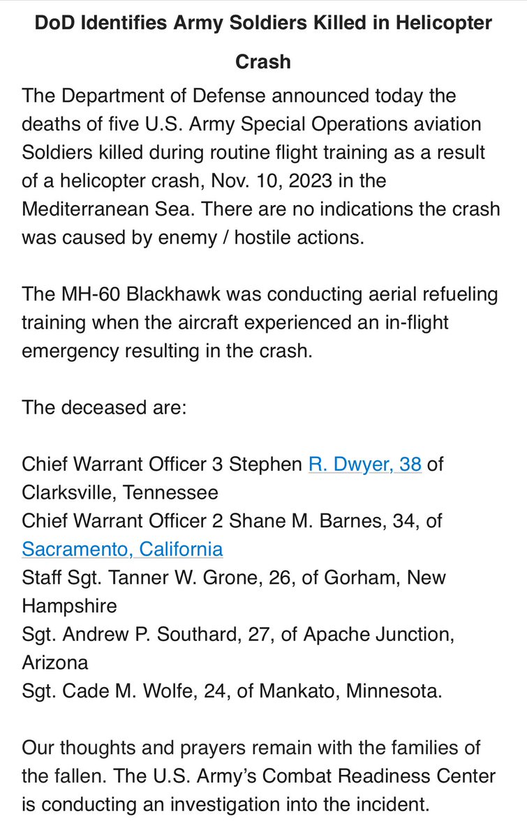 @DeptofDefense names the 5 @USArmy special operation aviation soldiers killed in Friday’s refueling accident over the eastern Mediterranean: 5 service members dead in US military plane crash in the Eastern Mediterranean