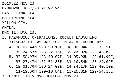 Navigational Warnings have appeared that suggest a new North Korean satellite launch attempt. Window starts tomorrow 15:00 UTC. Areas are same as earlier this year