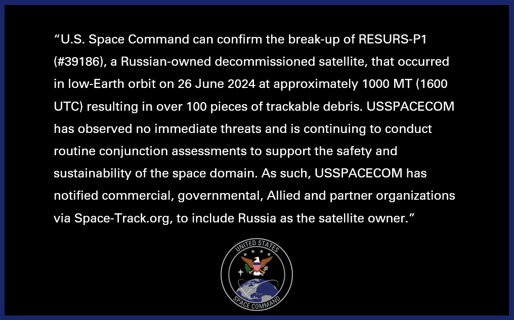 USSPACECOM statement on the break-up of RESURS-P1 (39186)