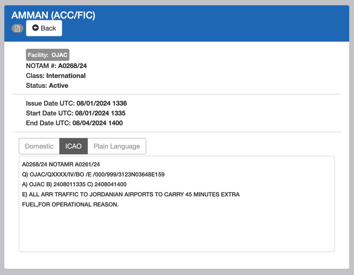 As the threat of retaliation by Iran against Israel looms this week, Jordan has issued a NOTAM requiring all flights to the country carry an additional 45 minutes of fuel for “operational reason.”