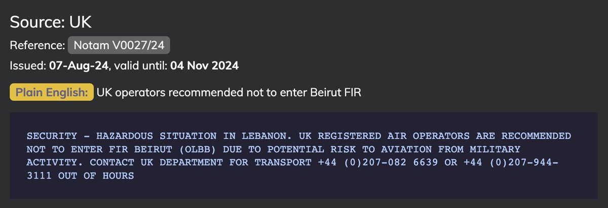 UK issue new NOTAM recommending UK operators to not enter Beirut FIR due to potential risk to aviation from military activity NOTAM is in effect from today until November 4th