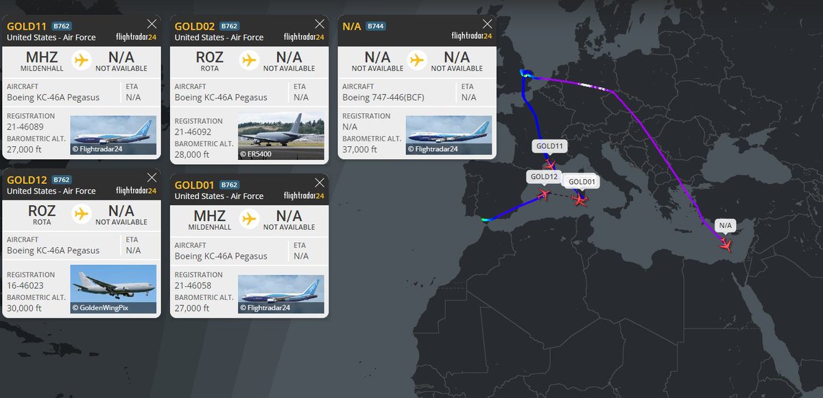 W tym tygodniu odbył się ogromny transport ciężkich ładunków z Lakenheath (Wielka Brytania) do Azraq (Jordania) (na zdjęciu poniżej – 747 właśnie przybywa), a TERAZ także 4 tankowce USAF prawdopodobnie przetransportują 12~ F15 do Azraq