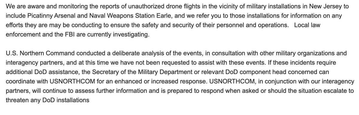 US @USNorthernCmd  statement on unidentified objects over NJ conducted a deliberate analysis of the events. Not being asked to assist