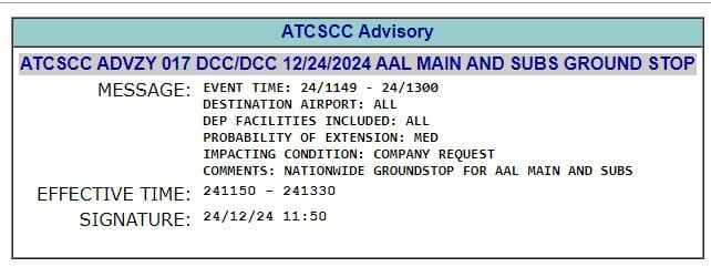 American Airlines issues nationwide ground stop due to a technical issue affecting all it's flights