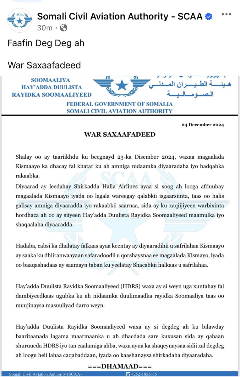 Citing an incident that allegedly happened at Kismayo airport on Monday, Somalia’s civil aviation authority (SCAA) claims airlines have been “afraid” to travel to Kismayo on Tuesday