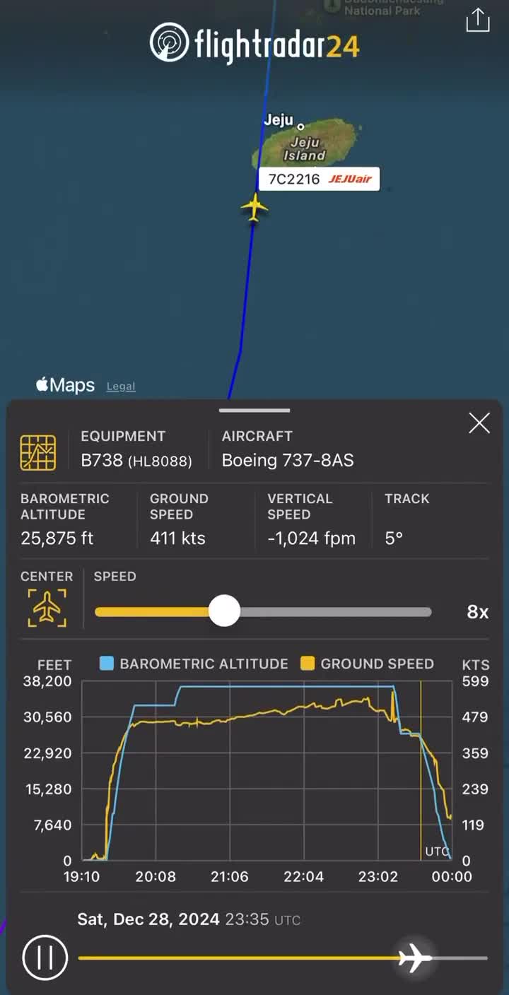 FlightRadar24 tracking of the last moments of 737 flight 7C2216 landing at the Muan airport in South Korea