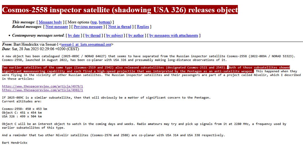 A Russian “inspector” satellite, which has been shadowing a U.S. satellite in orbit, has deployed an unknown object, likely a highly maneuverable sub-satellite equipped with high-speed kinetic anti-satellite weapons