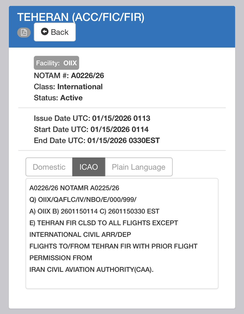 Iran's Civil Aviation Organization has just issued another Notice-to-Airmen (NOTAM), extending the previous total closure of Iranian Airspace until 03:30 UTC, roughly two more hours, which will be 07:00 in Tehran