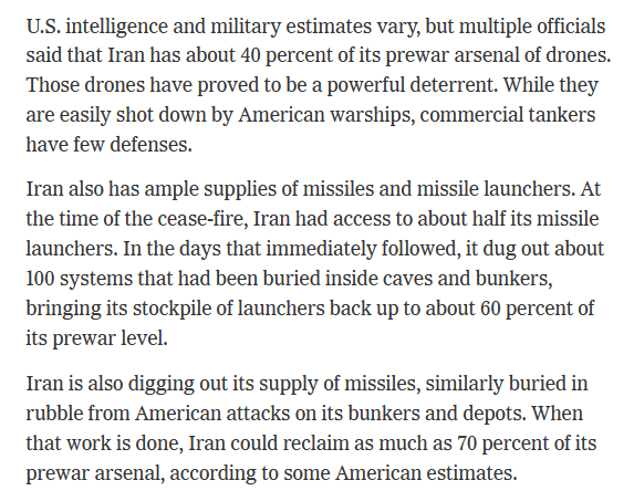 NY Times: Iran has about 40 percent of its prewar arsenal of drones, and has been digging out missile launchers and missiles during the ceasefire.it now has around 60 percent of its prewar level of launchers and could reclaim as much as 70 percent of its prewar missile arsenal