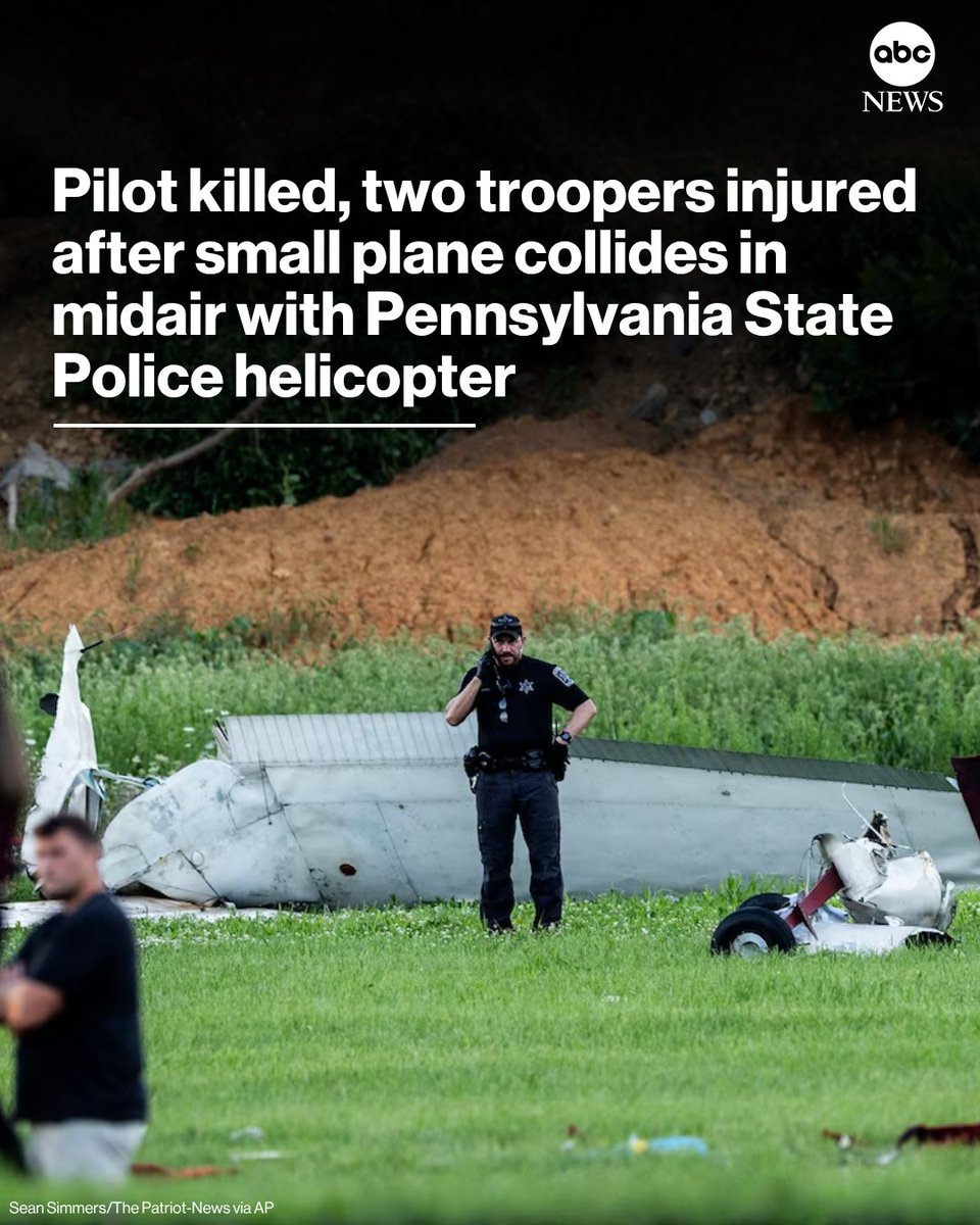The pilot of a small airplane was killed and two Pennsylvania State troopers were injured after the plane collided in midair with a state police helicopter near the Carlisle airport in Pennsylvania's Cumberland Valley